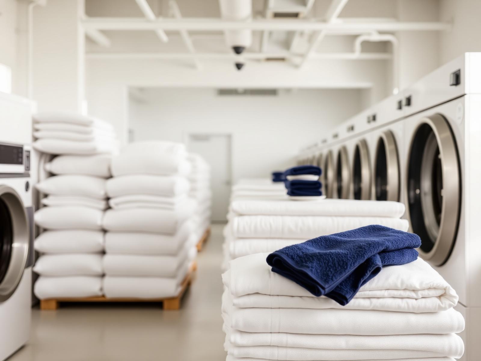 Freshly folded hotel linens in a bright commercial laundry facility